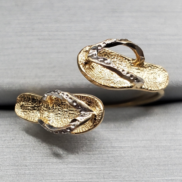 10k Solid Yellow & White Gold Double Flip Flip Beach Sandal Ring - Picture 1 of 8